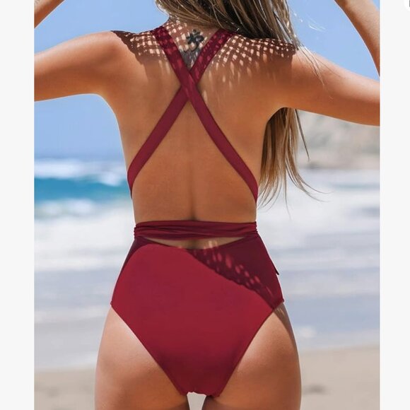 CUPSHE  | Women's One Piece Swimsuit Deep V Neck Crisscross Back| Red | Size: M - Picture 4 of 11